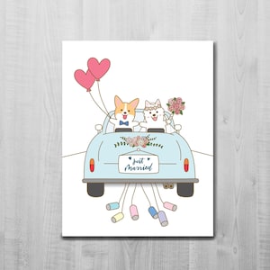 Je viens de vous marier/ Carte de mariage/ Corgi et Samoyède/ Carte de voeux/ Jolie carte de voeux/ Couple/ Chien/ Toutou/ Animal/ Carte vierge/ Carte A2