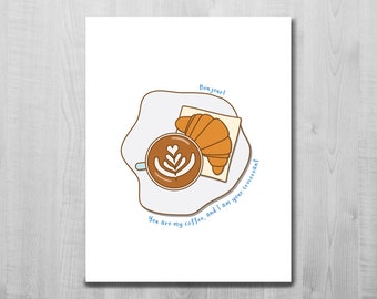 Café e croissant/latte/cartão de amor/cartão de felicitações/bonjour/aniversário/cartão de aniversário/cartão em branco/cartão a2