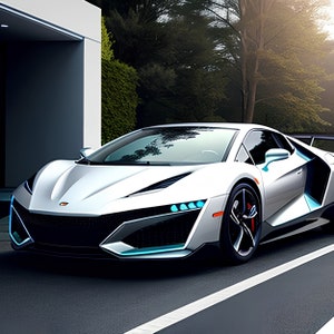 Può includere: Un'auto sportiva bianca con accenti blu e finiture nere. L'auto è parcheggiata davanti a un edificio moderno con un garage.