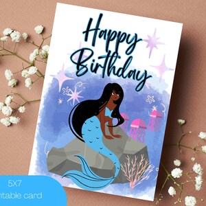African American Mermaid Birthday Card | Black Happy Birthday Card | Printable Birthday Mermaid Card | Black Haired Mermaid Birthday Card