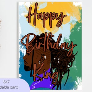 Alles Gute zum Geburtstag, König, druckbare Geburtstagskarte für schwarze Männer | Afroamerikanische Geburtstagskarte für Ihn | Afro-Grußkarte | Schwarzer Geburtstag