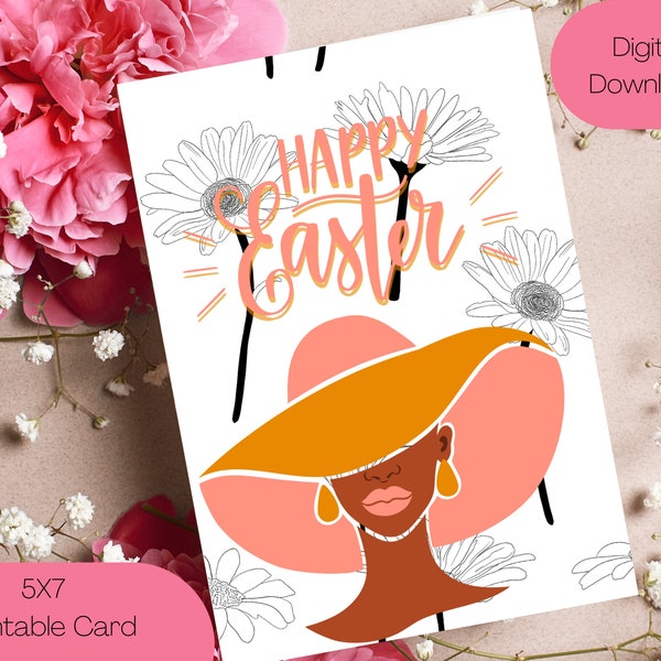 African American Happy Easter Printable Card | Black Woman Easter Sunday Hat Card | Black Easter Card | Printable Greeting Card