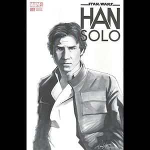 May include: Black and white illustration of Han Solo from Star Wars. The image is a comic book cover with the text "STAR WARS" and "HAN SOLO" in bold, black letters.