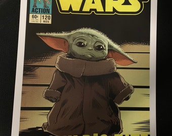 11x17 Star Wars Mandalorian the child VINTAGE comic cover style art tribute