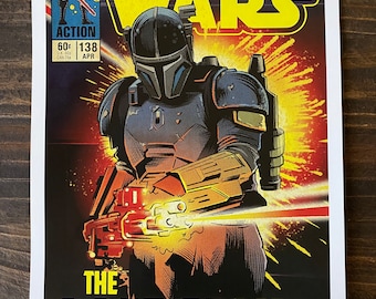 11x17 Star Wars Mandalorian heavy Gunner Paz Vizsla last stand v1 VINTAGE comic cover style art tribute