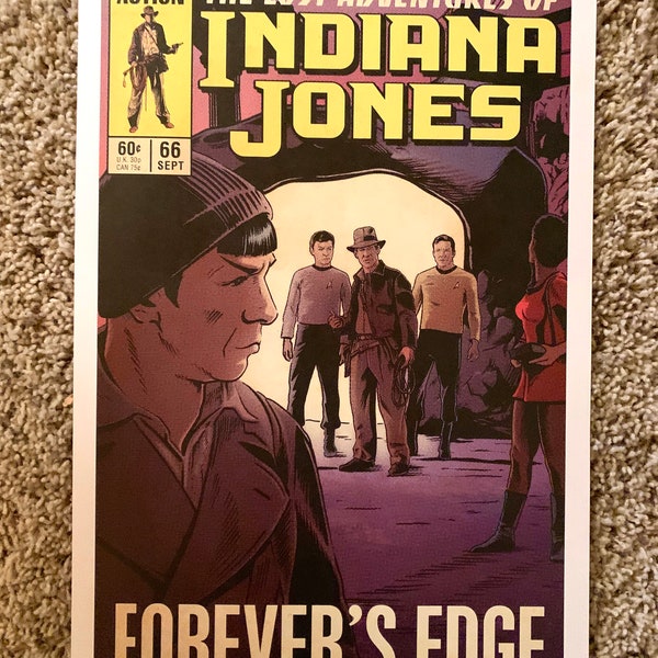 11x17 Star Trek Kirk Spock crossover Vintage Marvel Further Adventures of Indiana Jones comic cover style art tribute