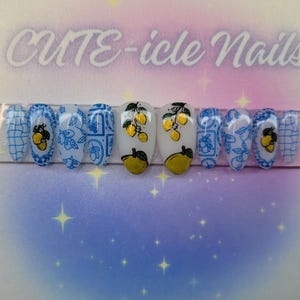 Lemoncello blue and white  custom gel press on nails