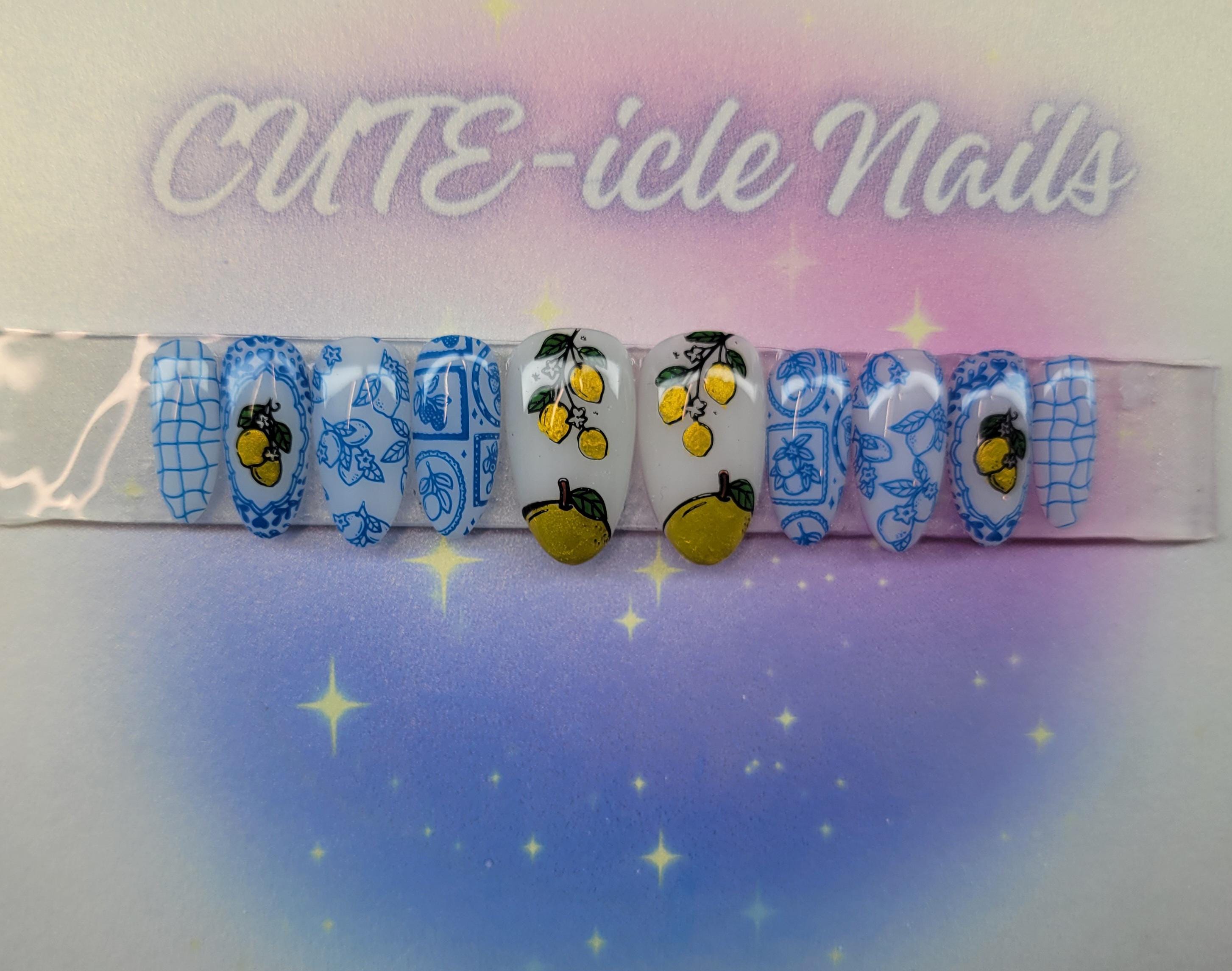 Lemoncello blue and white  custom gel press on nails