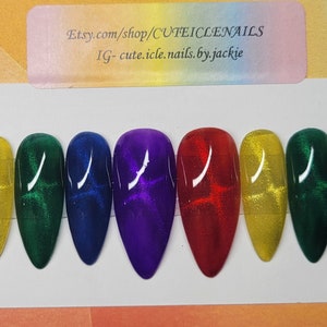 Hand painted Rainbow cat eye custom gel press on nails