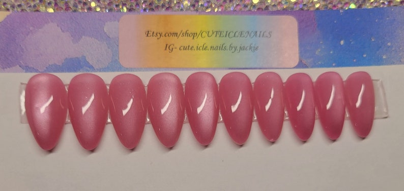 24 Pc READY TO SHIP Bubblegum Fine Pink Almond Cat Eye Press on Nails ...