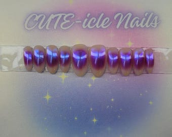 Hand painted Pink Y2K aura chrome custom gel press on nails