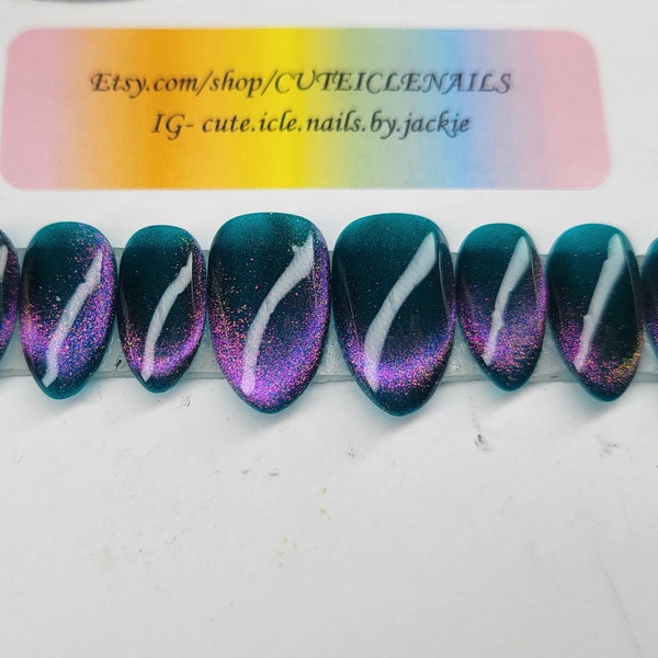 Hand painted Teal and purple aura cat eye custom gel press on nails