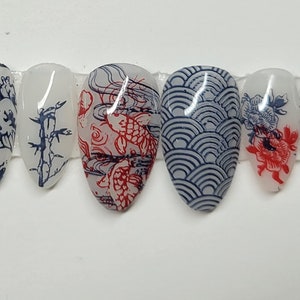 Japanese style blue and red china custom gel press on nails