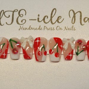 Cottagecore red and white cherries custom gel press on nails