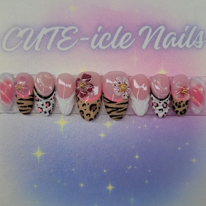 Y2k 3d flowers and animal print custom press on nails
