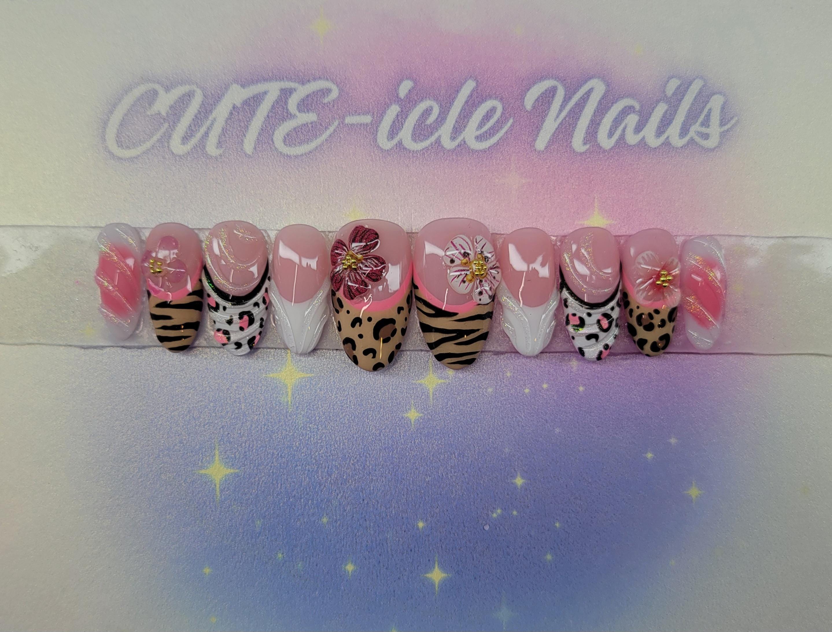 Y2k 3d flowers and animal print custom press on nails