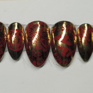 Chinese dragon red and  gold china custom gel press on nails