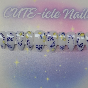 Blue and white amalfi lemons glitter gel press on nails