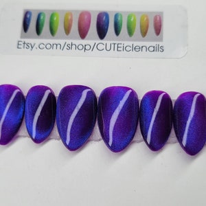 Hand painted purple jelly purple/blue cat eye custom gel press on nails