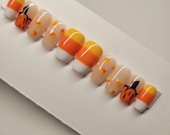 Candy corn and pumpkin fall custom gel press on nails