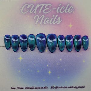 Hand painted Purple jelly teal cat eye custom gel press on nails