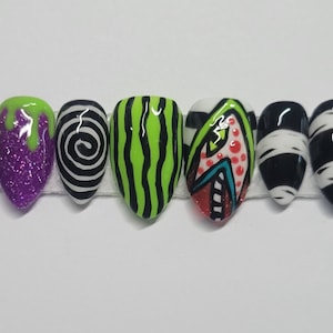 Handpainted BEETLEJUICE inspired custom gel press on nails