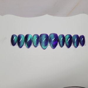 Hand painted Purple jelly teal cat eye custom gel press on nails