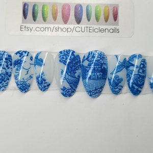 Blue willow china custom gel press on nails