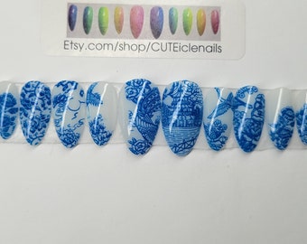 Blue willow china custom gel press on nails