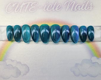 Teal Jelly teal  mtzhse Cat Eye custom gel press on nails