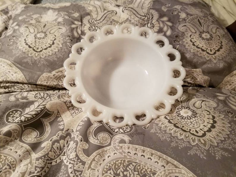 No chips. Vintage Milk Glass Decorative Bowl Lace design
