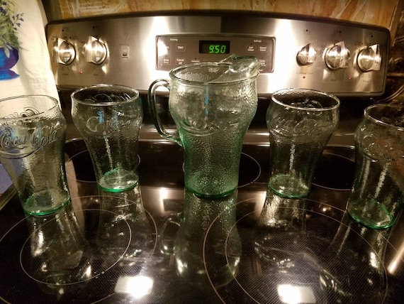 Coca Cola Pitcher and 4 Large Drinking Glasses. Green pebble glass