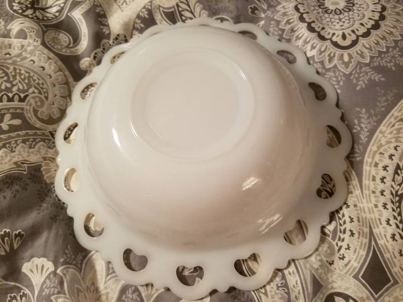No chips. Vintage Milk Glass Decorative Bowl Lace design