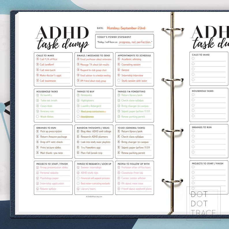 May include: ADHD task dump planner page with sections for calls, emails, appointments, household tasks, errands, and more. The date is Monday, September 23rd. The planner includes the text "Today, I will focus on progress, not perfection."