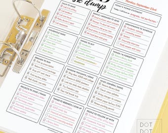 May include: A white paper with a printed ADHD task list, held in a gold binder. The task list includes sections for calls, errands, emails, and appointments. The text "ADHD task dump" is at the top, with the date "Monday, September 23rd."