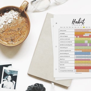 Puede incluir: Un rastreador de h&aacute;bitos imprimible con una cuadr&iacute;cula colorida y una lista de h&aacute;bitos para rastrear, que incluyen "meditar", "beber agua", "hacer ejercicio" y "leer un libro". El rastreador est&aacute; etiquetado como "Habit Tracker" y tiene el texto "DOT DOT TRACE" en la parte inferior.