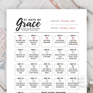 May include: A white and green 21 Days of Grace faith-filled challenge to renew your spirit. The calendar includes daily prompts for reflection, prayer, and gratitude, with start and end dates of July 1 and July 21.