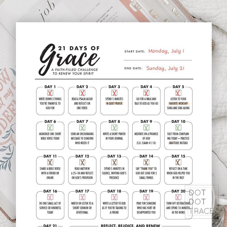 May include: A white and green 21 Days of Grace faith-filled challenge to renew your spirit. The calendar includes daily prompts for reflection, prayer, and gratitude, with start and end dates of July 1 and July 21.