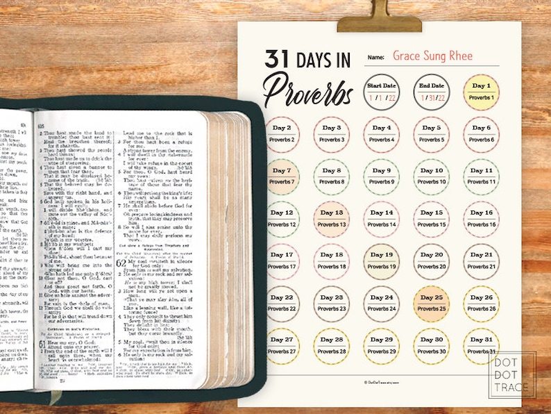 May include: A printable 31-day devotional planner for reading the book of Proverbs. The planner features a colorful design with a light brown background and a white border. Each day is represented by a circle with a number and the corresponding proverb listed below. The planner is titled "31 Days in Proverbs" and includes space for the user's name, start date, and end date.