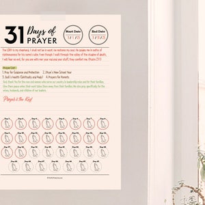 May include: A printable 31 Days of Prayer chart with a pink and white color scheme. The chart includes a space for a start date and end date, and a list of prayer topics. The chart also includes 31 praying hands icons to color in.