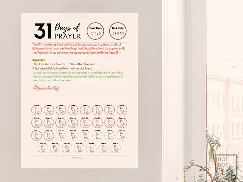 Printable 31 Days of Prayer Template Monthly Prayer Goal List 31 Days ...