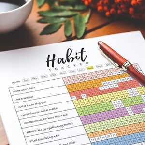Pode incluir: Um rastreador de h&aacute;bitos imprim&iacute;vel com uma grade de calend&aacute;rio para o ano. A grade &eacute; codificada por cores para acompanhar h&aacute;bitos di&aacute;rios como acordar no hor&aacute;rio, tomar caf&eacute; da manh&atilde;, escrever um post de blog, limitar as m&iacute;dias sociais, evitar eletr&ocirc;nicos antes de dormir, ler a B&iacute;blia e tentar algo novo.