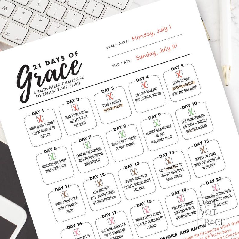 May include: A faith-filled challenge to renew your spirit, titled "21 Days of Grace", printed on white paper. The planner includes daily prompts for reflection and prayer, with start and end dates. The title is in a stylish script font.