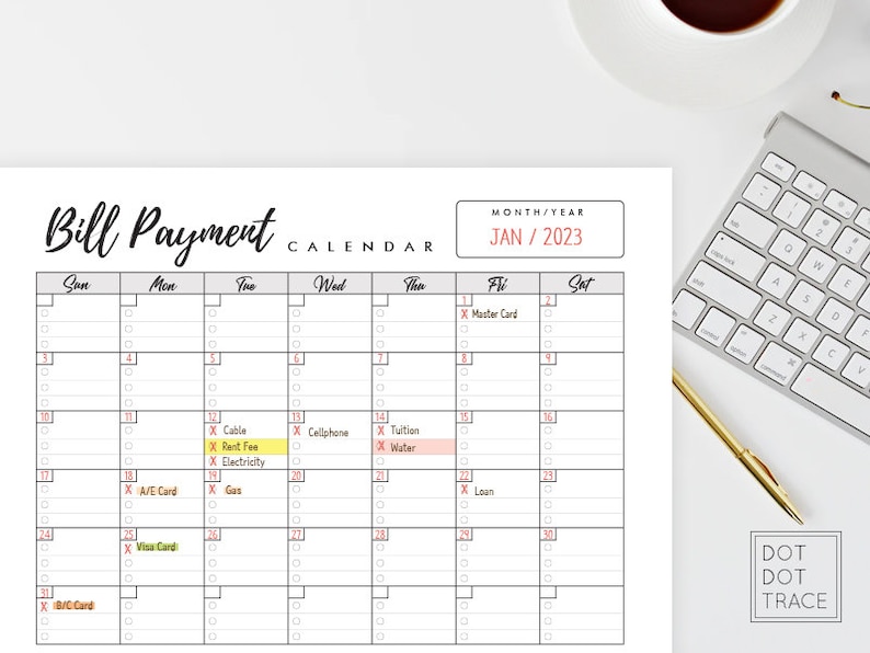 Printable Bill Payment Calendar Horizontal Monthly Bills Calendar Bill ...