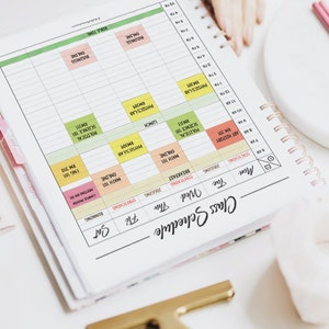 May include: A weekly class schedule planner with a green, yellow, and pink color scheme. The planner has a grid layout with columns for each day of the week and rows for different times. The planner has a section for "Class Schedule" and "Weekly Time".