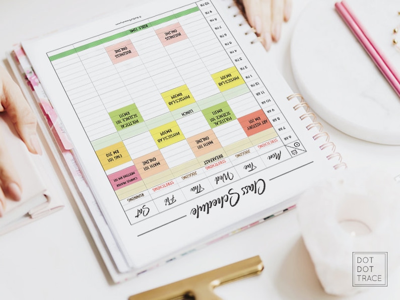 May include: A weekly class schedule planner with a green, yellow, and pink color scheme. The planner has a grid layout with columns for each day of the week and rows for different times. The planner has a section for "Class Schedule" and "Weekly Time".