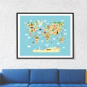 Carte du monde pour enfants Carte du monde des enfants Poster Carte du monde des enfants Carte du monde historique Art mural pour chambre d'enfant Carte du monde bleue Décoration pour chambre d'enfant