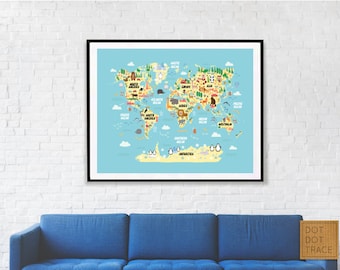 動物の世界地図ポスター：子供部屋の壁アート（デジタルダウンロード）