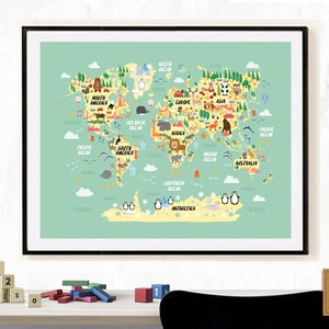 Carte du monde pour enfants Carte du monde des animaux pour enfants Poster Carte du monde historique pour enfants Art mural pour chambre d'enfants Carte du monde pour chambre d'enfant