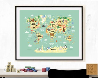 動物の世界地図ポスター：子供部屋の装飾（デジタルダウンロード）